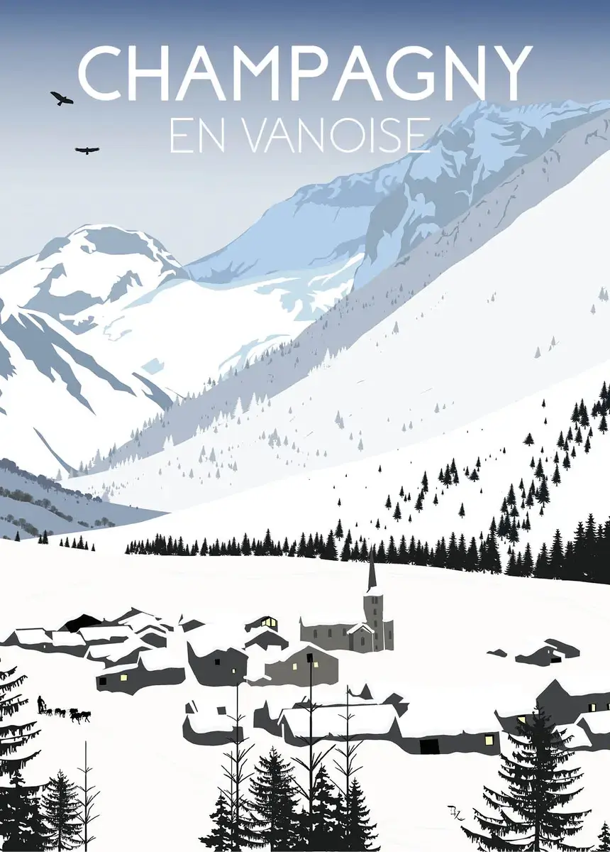 Illustration hivernale au style graphique épuré du vallon sauvage de Champagny-le-Haut sous la neige, avec son petit hameau t