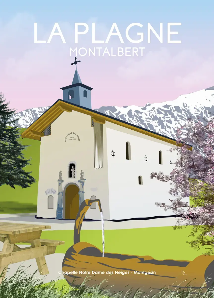 Affiche vintage chapelle Notre Dame de Montgesin Plagne Montalbert - Posters de Savoie