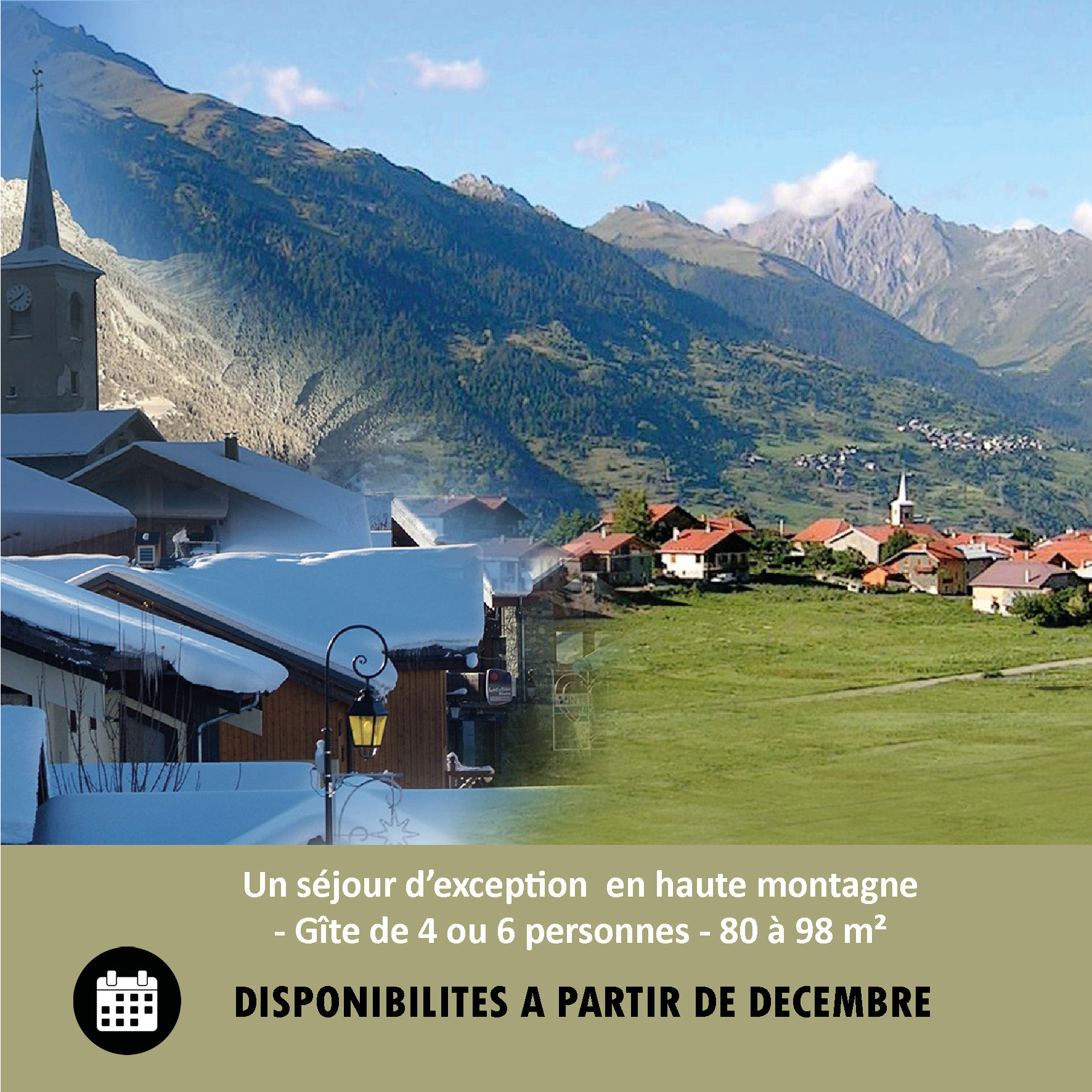 Vue du village de Longefoy dans la vallée de la Tarentaise en Savoie. Vue en Hiver et vue en été.