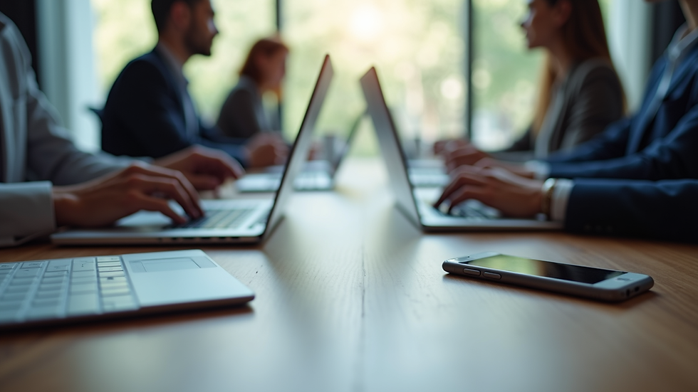 Eye-level view of a business meeting with laptops and phones on the table