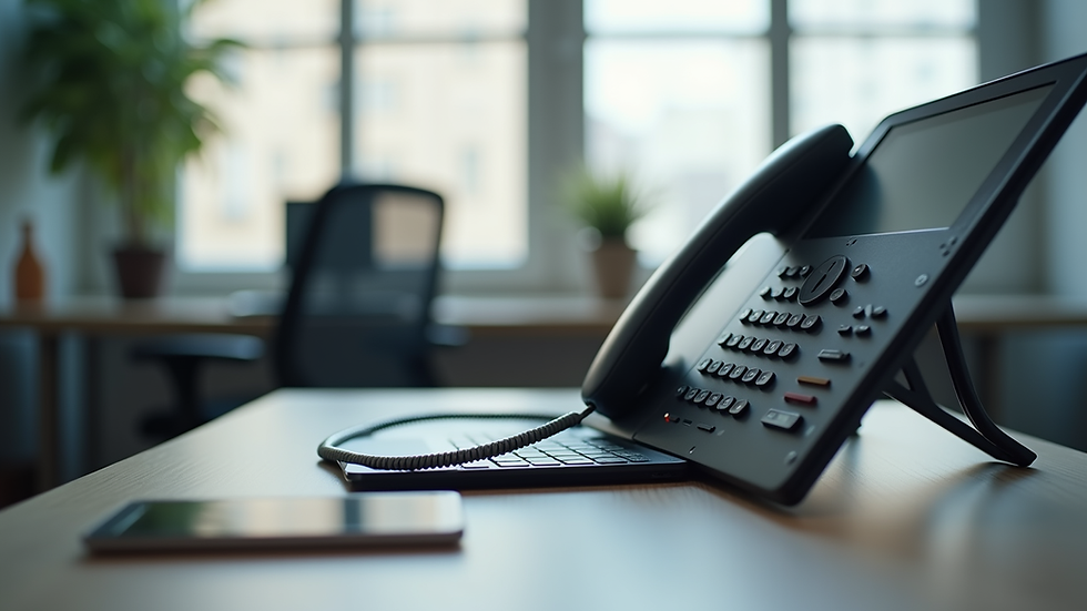 Close-up view of a modern office desk with a VoIP phone and laptop