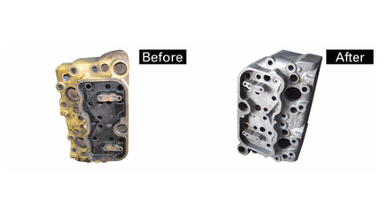 Imágenes del antes y el después de un bloque de cilindros de motor tratado con el proceso de granalla húmeda de PROCECO. La limpieza restaura las superficies metálicas para su remanufactura y mejora la adhesión para el recubrimiento o el mecanizado.