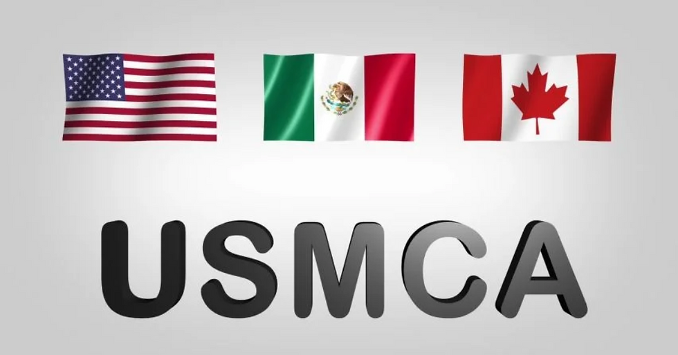 Flags of USA, Mexico, and Canada, above the text "USMCA" on a gray background. The flags are vibrant and waving.