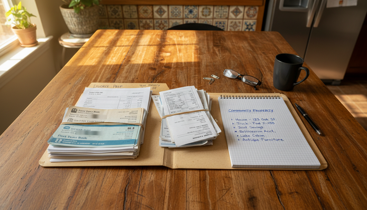 Overhead view of a folder with home records, bank statements, and a handwritten property list.
