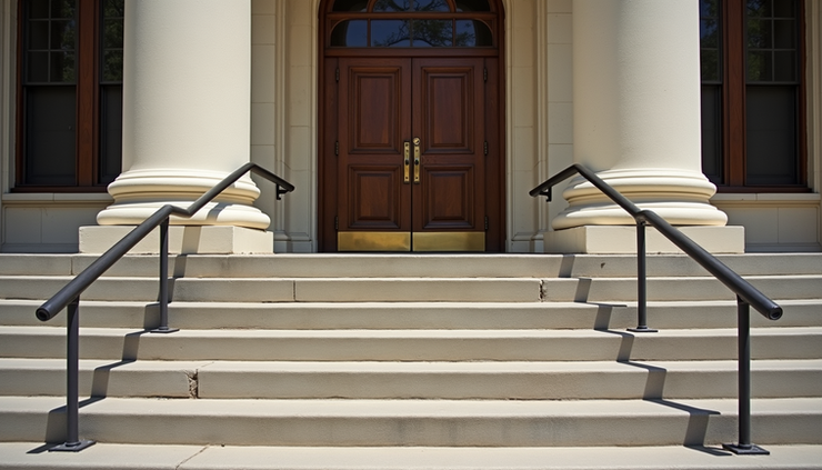 Eye-level view of a Texas courthouse entrance with steps leading up to the main doors