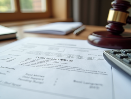 Child support legal documents and financial calculations on desk
