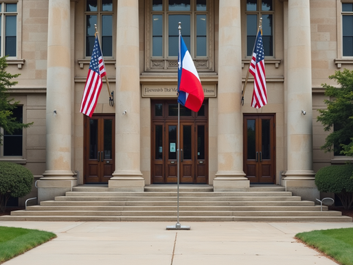 Harris County courthouse entrance with flags