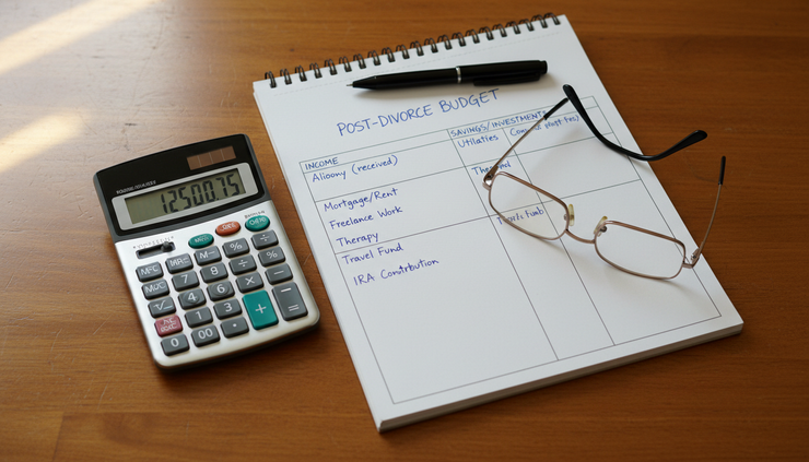 Overhead view of a notebook with a handwritten post-divorce budget and a calculator