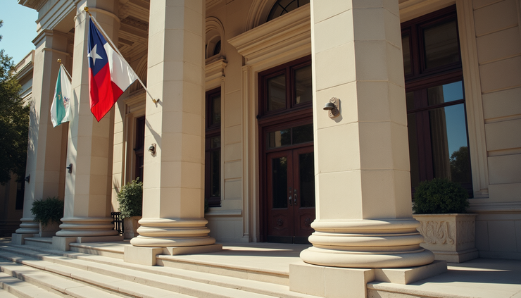 Eye-level view of a courthouse entrance with a Texas state flag