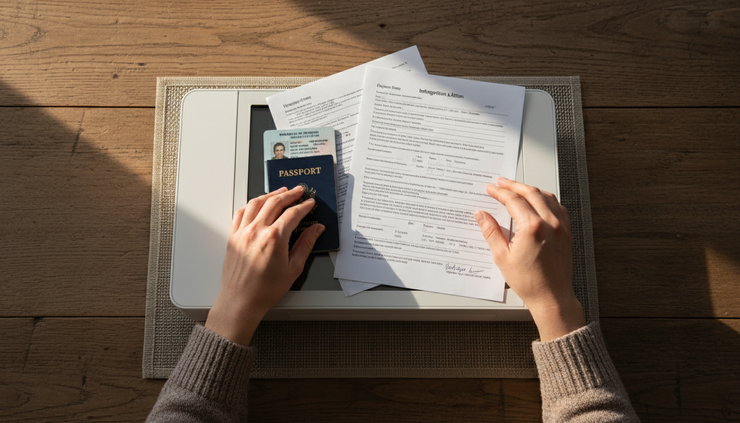 Overhead view of a person scanning identification documents at home