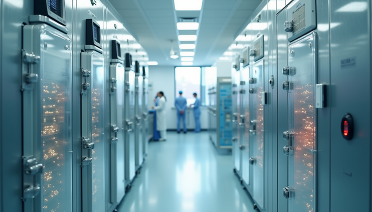 Eye-level view of a fertility clinic laboratory with embryo storage tanks