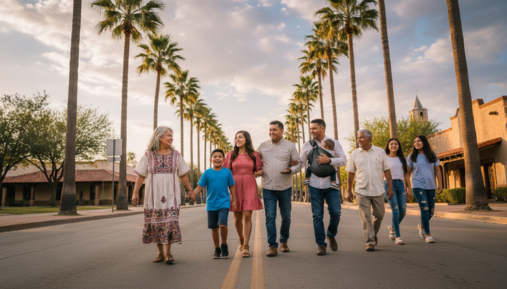 Wide-angle view of a family walking together near a palm-lined street in McAllen