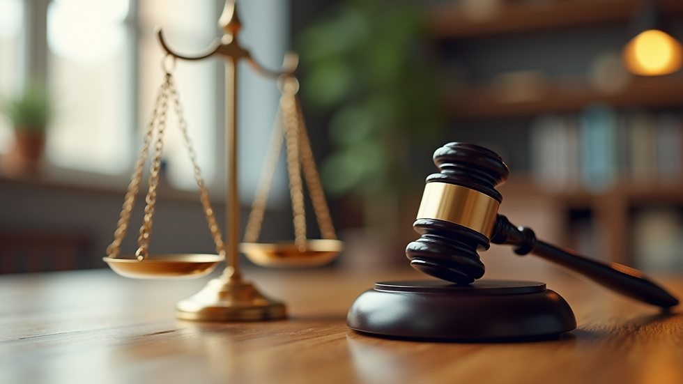 Close-up view of legal scales and a gavel on a wooden table
