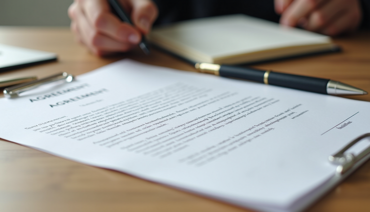 Eye-level view of a legal agreement document on a wooden table with a pen
