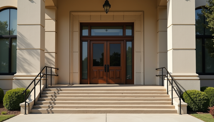 Eye-level view of a Texas courthouse entrance with steps leading up to the doors