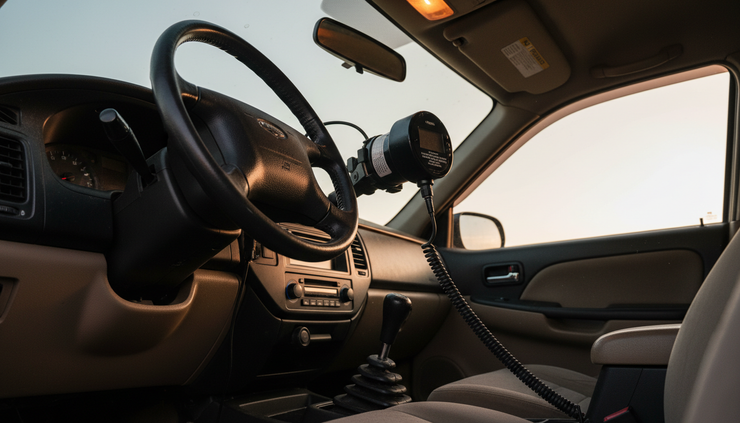 Low-angle view of an ignition interlock device inside a parked car.