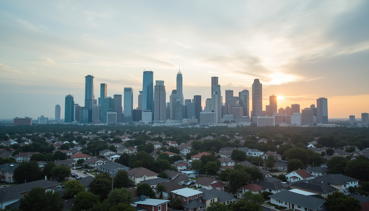 Eye-level view of the Houston skyline with residential neighborhoods in the foreground