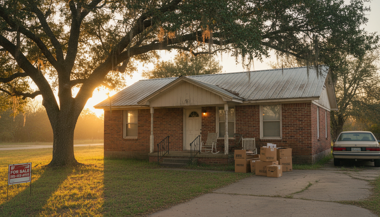 Wide-angle view of a quiet Texas home at sunset with moving boxes near the porch
