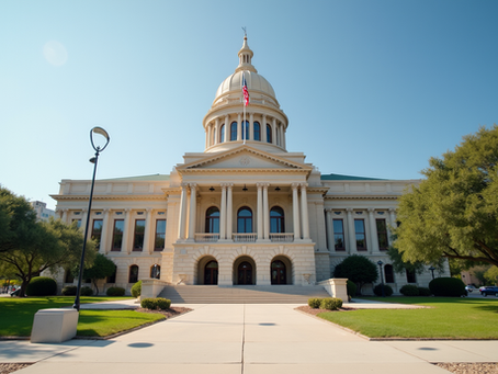 Texas courthouse exterior with flag flying
