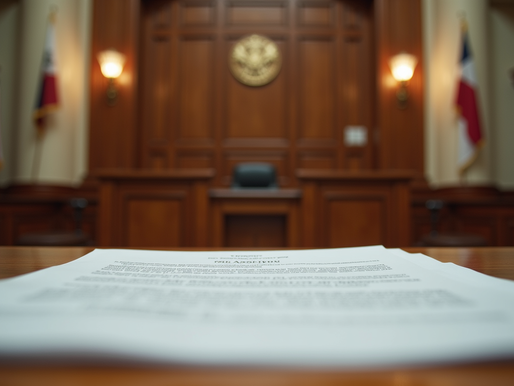 Texas courthouse entrance with legal papers, symbolizing divorce proceedings