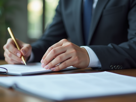 Eye-level view of a lawyer reviewing legal documents at a desk