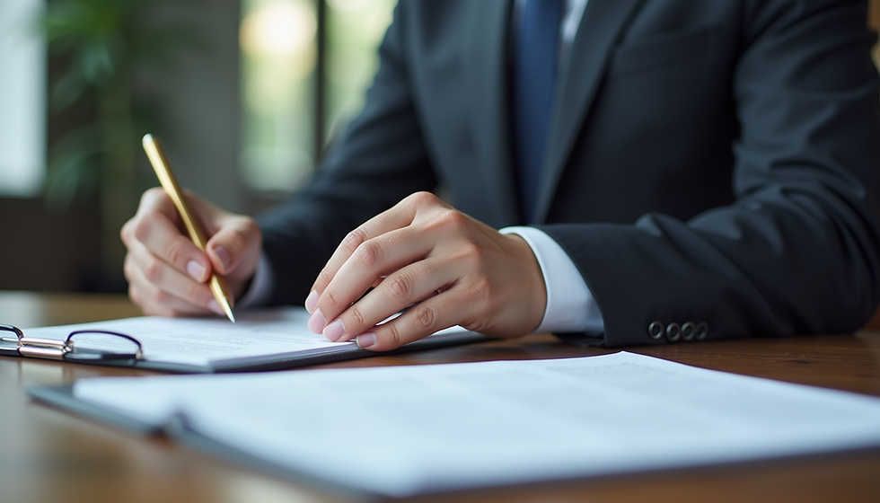 Eye-level view of a lawyer reviewing legal documents at a desk