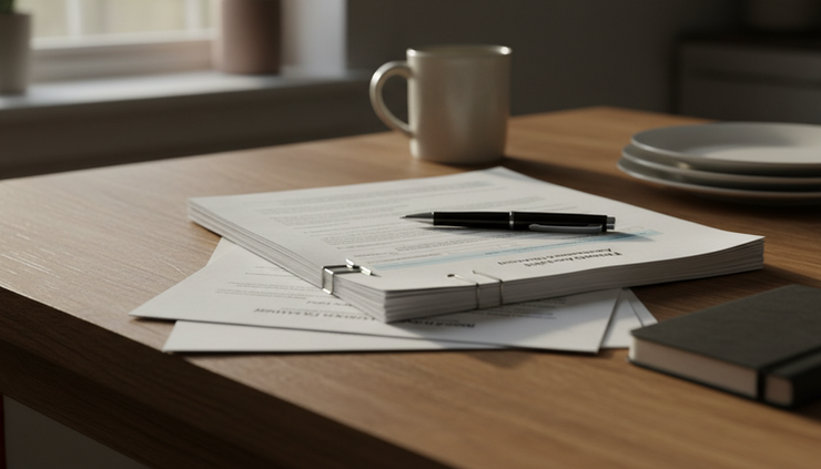 Close-up view of an asylum application packet on a wooden kitchen table