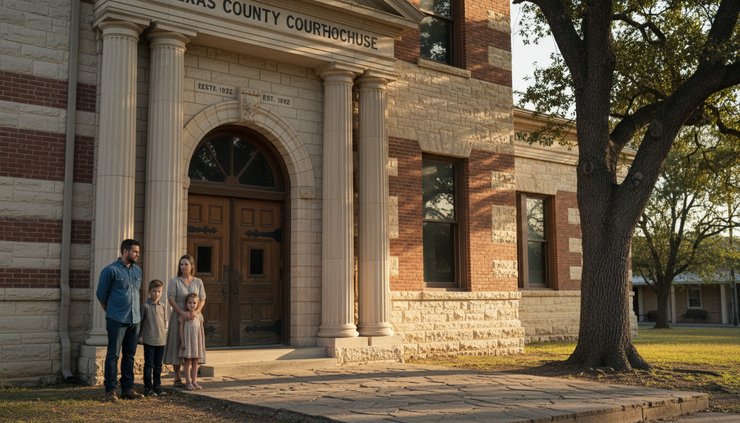 Eye-level view of a courthouse entrance with people standing quietly outside