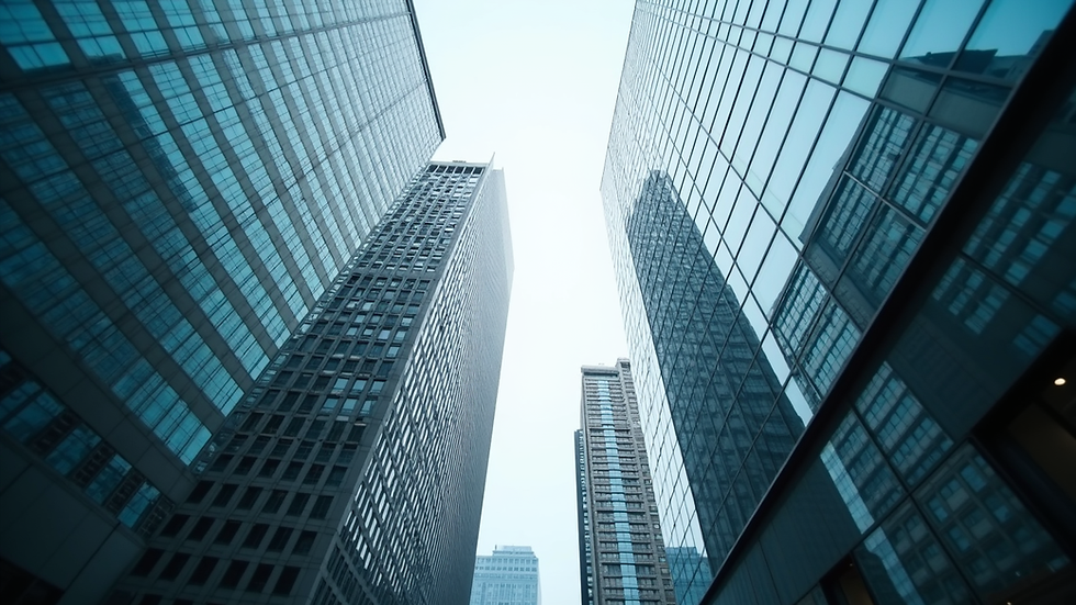 Eye-level view of a business district skyline with office buildings