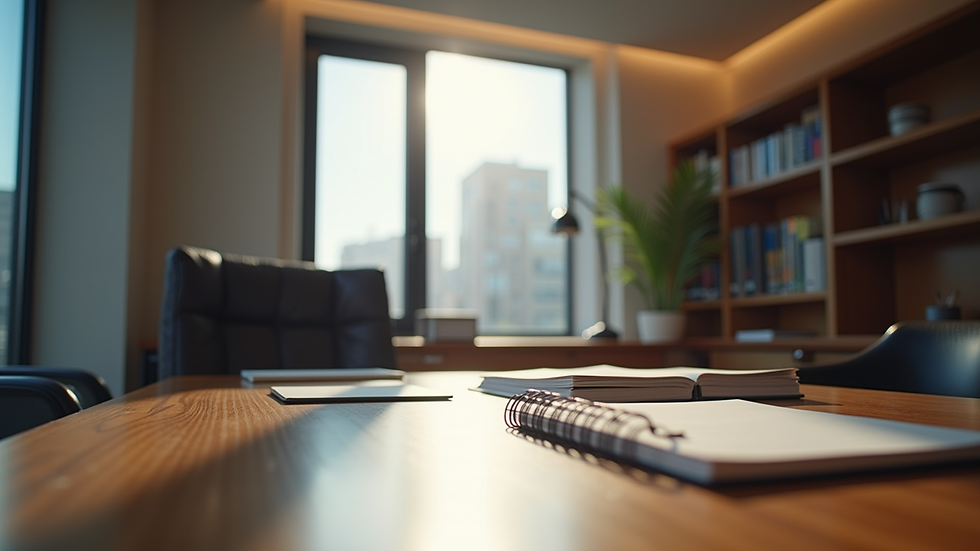 Eye-level view of a modern law office with a desk and legal books