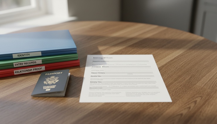 Close-up of a kitchen table covered with an immigration form, a passport, and labeled evidence folders