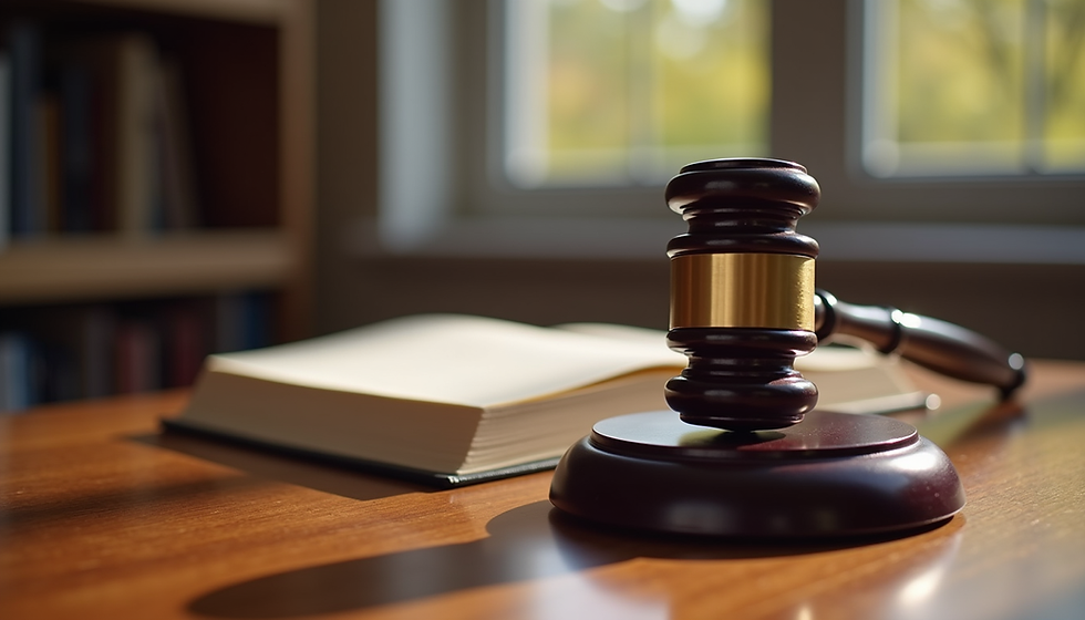 Eye-level view of a legal book and gavel on a wooden desk