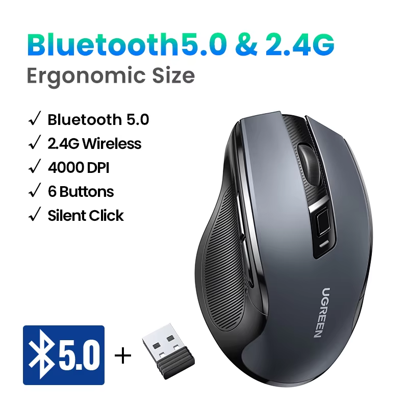 Thumbnail: UGREEN Wireless Mouse Bluetooth5.0 Mouse Ergonomic 4000DPI 6 Mute Buttons Mouse 