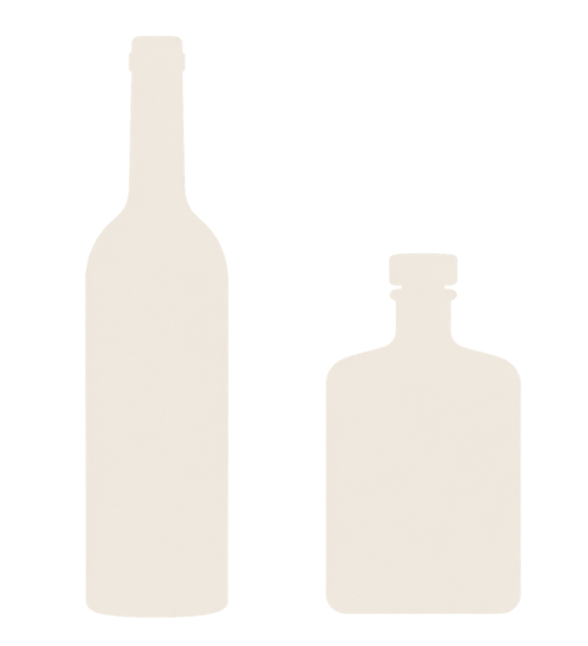 A wine bottle silhouette beside a gin bottle silhouette.