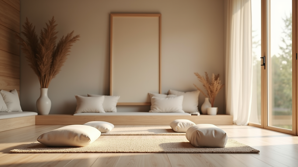Eye-level view of a serene meditation space with calming decor