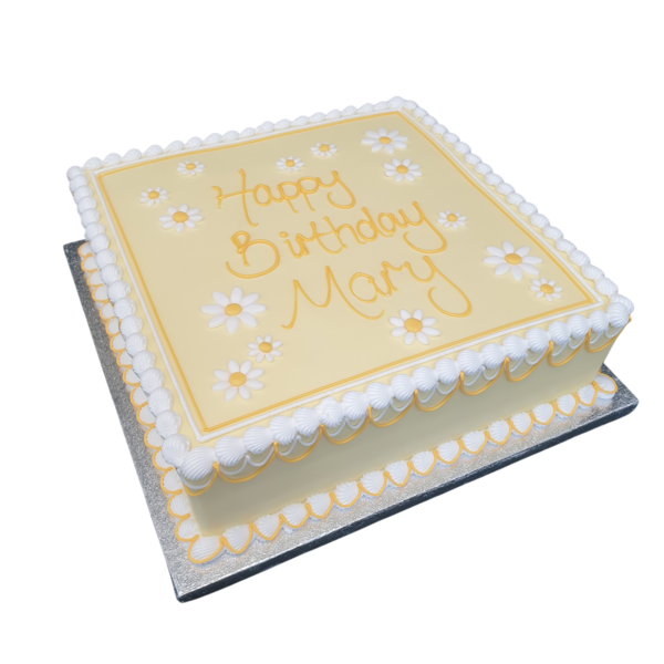 Bespoke square cake decorated with white daisy flowers, crafted for celebration in Solihull, West Midlands.