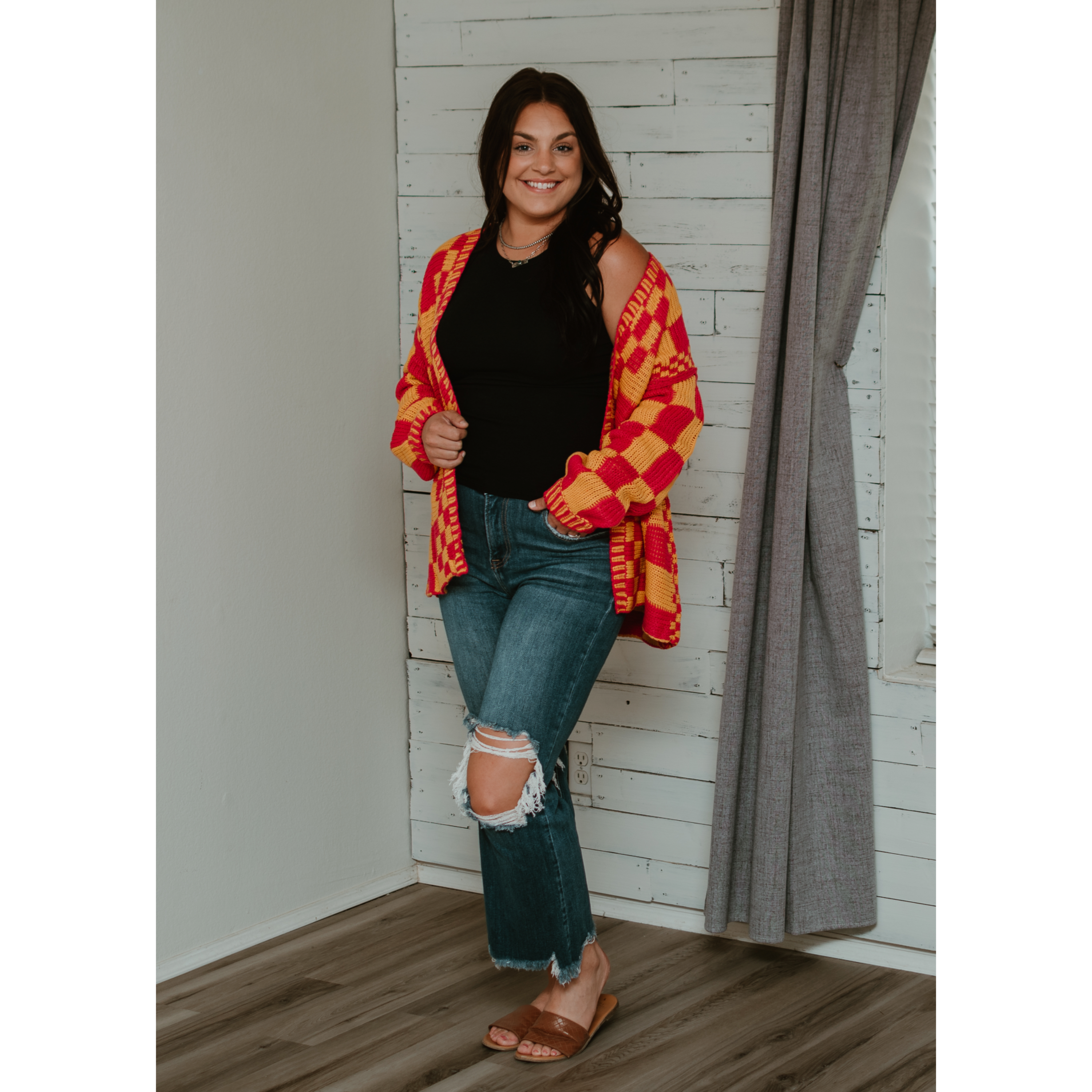 Multicolor Checkered Knit Cardigan