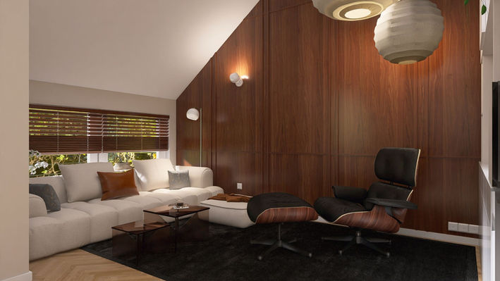 Wohnlicher Wohn- & Essbereich mit Akustiklösung, Holzpaneelwand und Mid-Century-Elementen – ruhig, strukturiert und stilvoll persönlich.