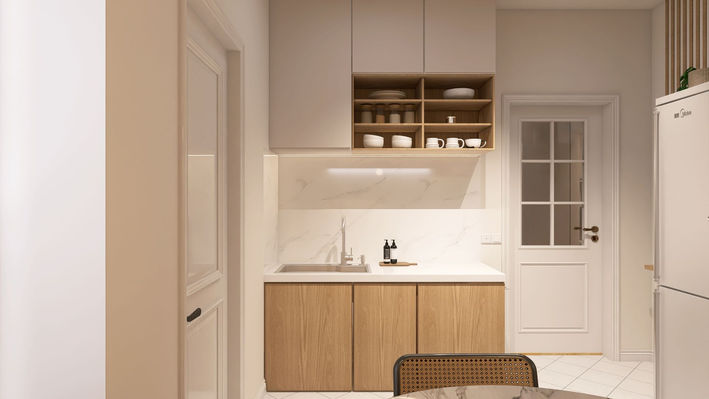 Moderne Küche mit Holzfronten, heller Arbeitsplatte und minimalistischer Gestaltung.