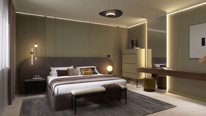 Modernes Schlafzimmer mit Boutique-Hotel-Charakter: warme Farben, Akzentwand & stimmungsvolles Licht schaffen einen Rückzugsort zum Wohlfühlen.