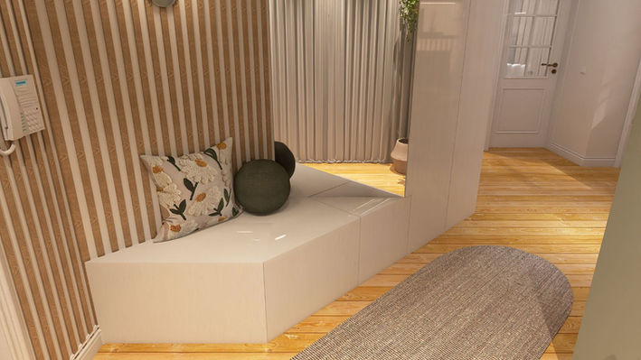 Flur mit Sitzbank, Holzlamellenwand und natürlicher Raumgestaltung.