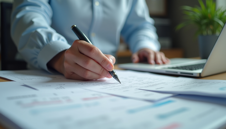 Close-up view of a professional bookkeeper organizing financial documents and receipts