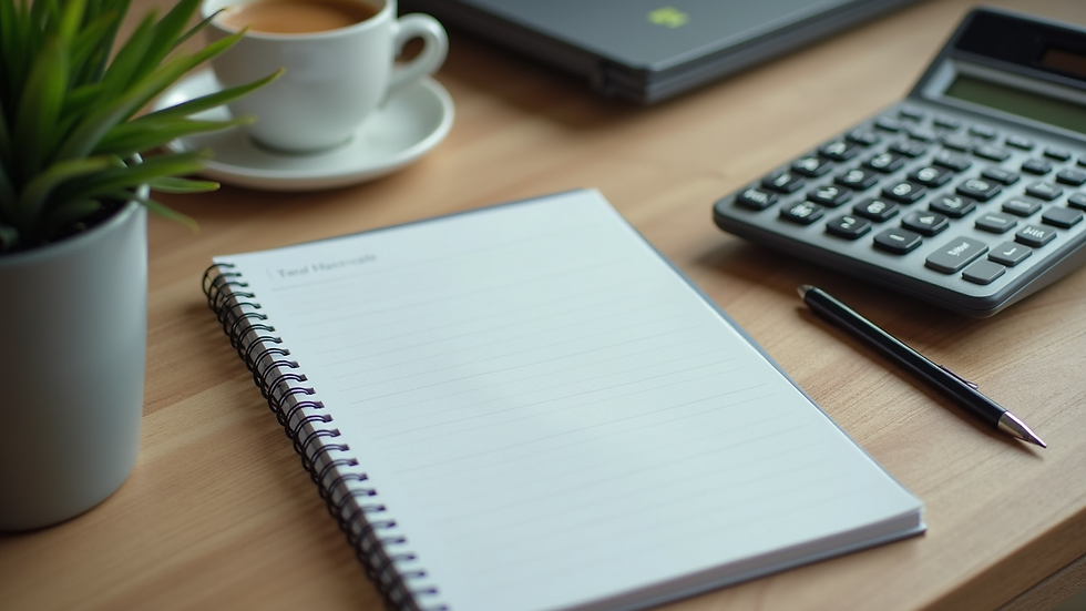 High angle view of a desk with a notebook, calculator, and coffee cup