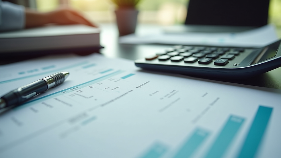 Eye-level view of a tidy office desk with financial documents and a calculator