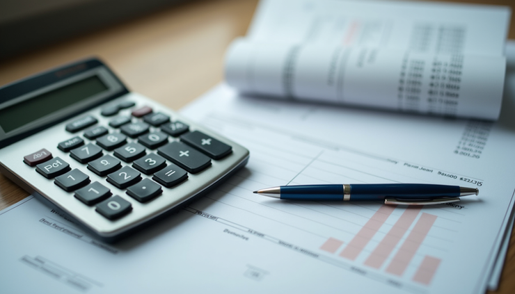 Close-up view of a calculator and financial documents on a desk