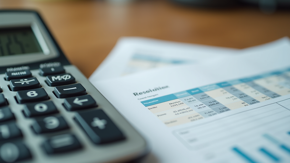 Close-up view of a calculator and financial reports on a wooden table