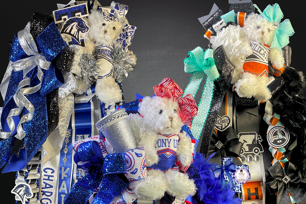 Custom cheerleader bear accessories on a handmade homecoming mum