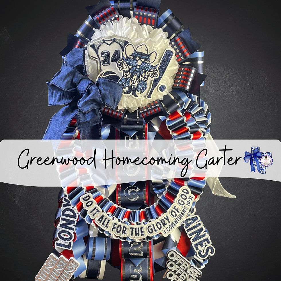 Navy, Columbia, and white Texas boys homecoming garter with a touch of red, custom ribbon braids, custom cutouts, and name details