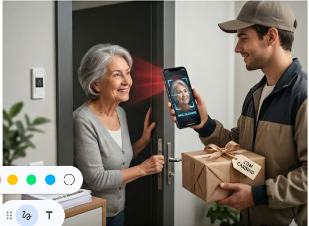 A imagem 2 é uma fotografia realista em formato 16:9 que ilustra uma cena de fraude. Uma mulher idosa, com cabelos grisalhos curtos e vestindo um casaco cinza, está à porta de sua casa, sorrindo e abrindo a porta para receber uma encomenda. À sua direita, um jovem entregador, vestindo um boné e um casaco bege e castanho, segura uma caixa de presente embrulhada em papel pardo com um laço e uma etiqueta que diz 'COM CARINHO'. Ao mesmo tempo, ele segura um smartphone em sua mão esquerda, apontando-o para o rosto da mulher. A tela do telefone mostra uma interface de reconhecimento facial com uma malha 3D sobre o rosto da mulher, e um raio vermelho brilha da tela em direção aos olhos dela. No canto inferior direito da imagem, há um texto em branco com letras amarelas que diz: 'O PERIGO DA BIOMETRIA ROUBADA' e abaixo, em branco menor, '@DrEliasPdaaSilva'. No canto inferior esquerdo, há uma pilha de documentos processuais sobre uma mesinha de entrada, com o texto 'Processo nº 0814722-47.2024.8.19.0038' claramente visível na capa. O ambiente é um hall de entrada de uma casa ou apartamento, com uma porta de madeira escura e paredes brancas."