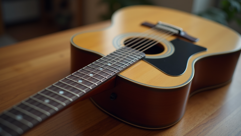 Close-up view of a guitar resting on a wooden table